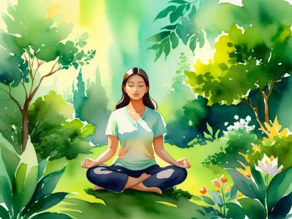 Meditación en la naturaleza: serenidad y calma Retiros de silencio transformación personal: Pintura acuarela serena de meditación en la naturaleza, con luz cálida y expresión de paz