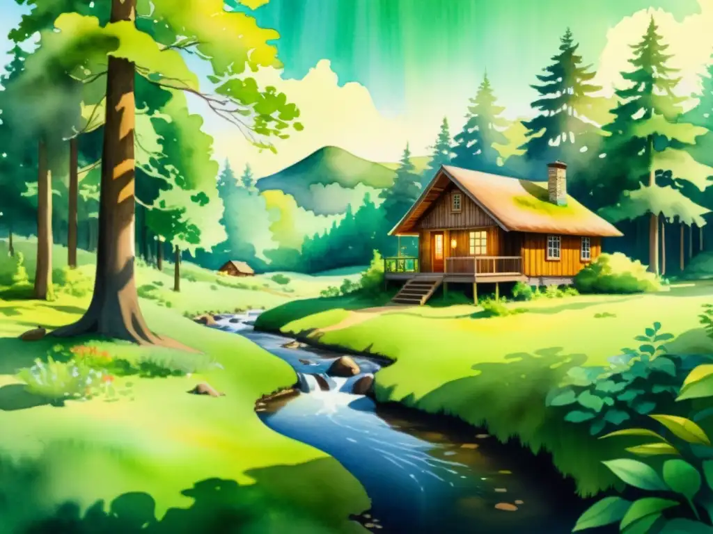 Retiros de silencio para renovación: Pintura de acuarela detallada en 8k de un claro de bosque sereno con cabaña y naturaleza exuberante
