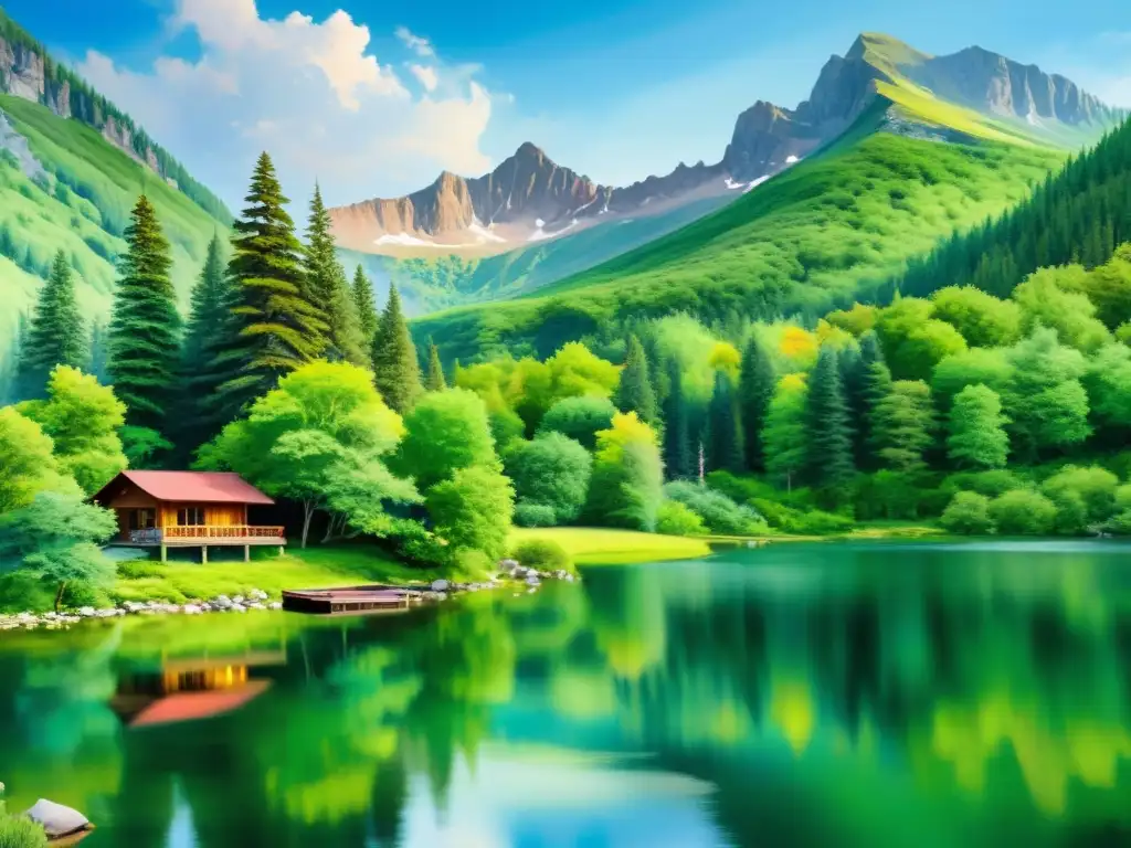 Retiros de silencio para renovación: Pintura de un refugio de montaña sereno y aislado entre exuberante vegetación, con un lago cristalino reflejando los colores vibrantes del entorno