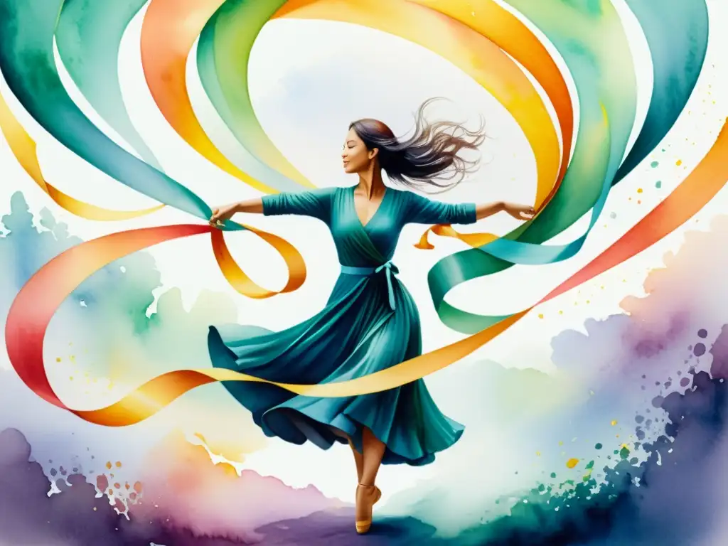 Retrato en acuarela de una persona bailando con cintas vibrantes, expresando alegría y libertad