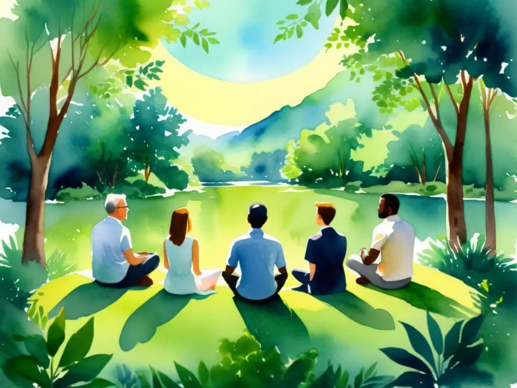Retiro espiritual: Ejecutivos en círculo junto a naturaleza serena Un retrato en acuarela serena de ejecutivos en un retiro espiritual en la naturaleza, creando una atmósfera introspectiva de paz y armonía