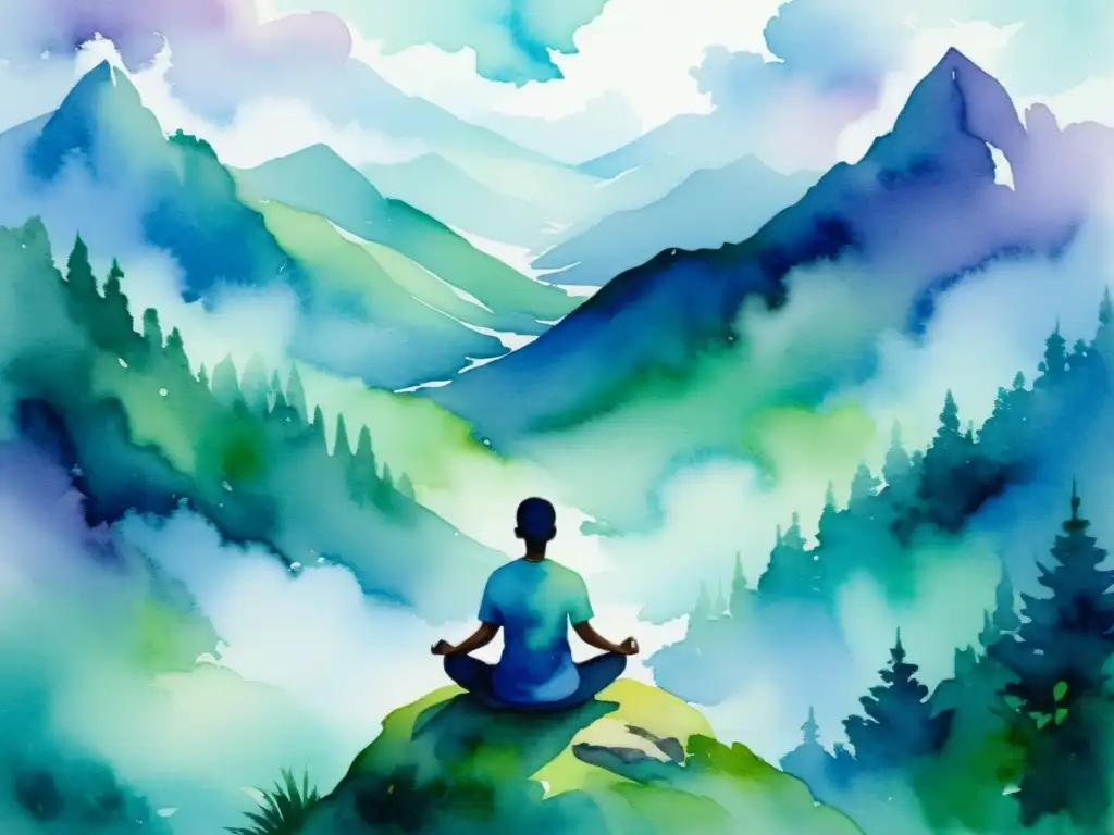 Mediación en la cima: pintura serena de conexión espiritual Un retrato en acuarela sereno de una figura solitaria meditando en la cima de una montaña, rodeada de exuberante vegetación y nubes brumosas