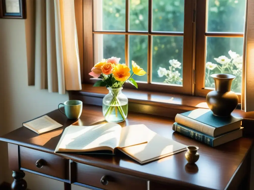 Rincón de escritura tranquilo: acuarela serena Un rincón acogedor para documentar retiro espiritual diario personal, con un escritorio de madera, pluma y un diario, iluminado por cálida luz solar