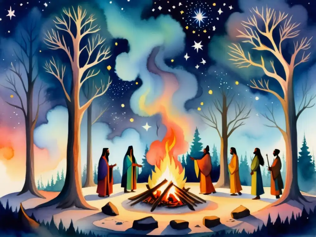 Ritual chamánico en el bosque: danza mística alrededor de la hoguera Un ritual chamánico en el bosque, con danzas junto al fuego