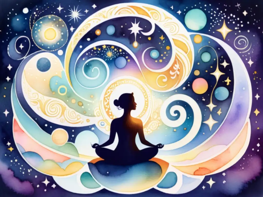 Ilustración acuarela: meditación en energía cósmica Figura en contemplación kabbalística rodeada de energía etérea y símbolos vibrantes, emanando paz interior y armonía universal
