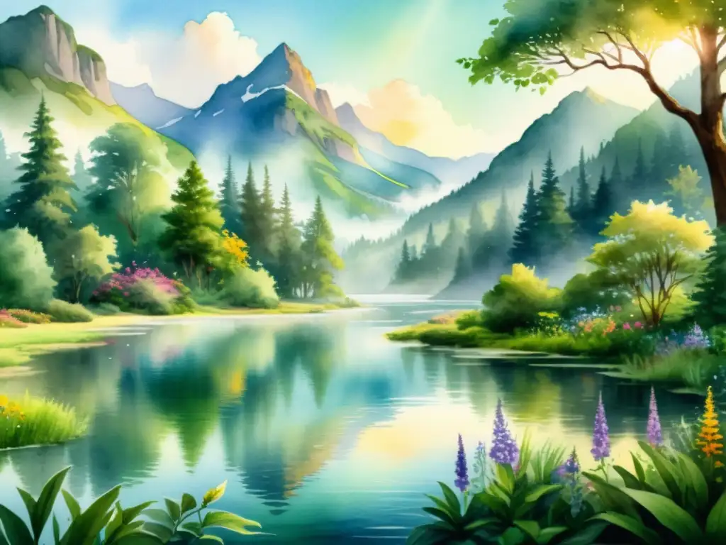 Un santuario natural sereno con agua sagrada y exuberante vegetación