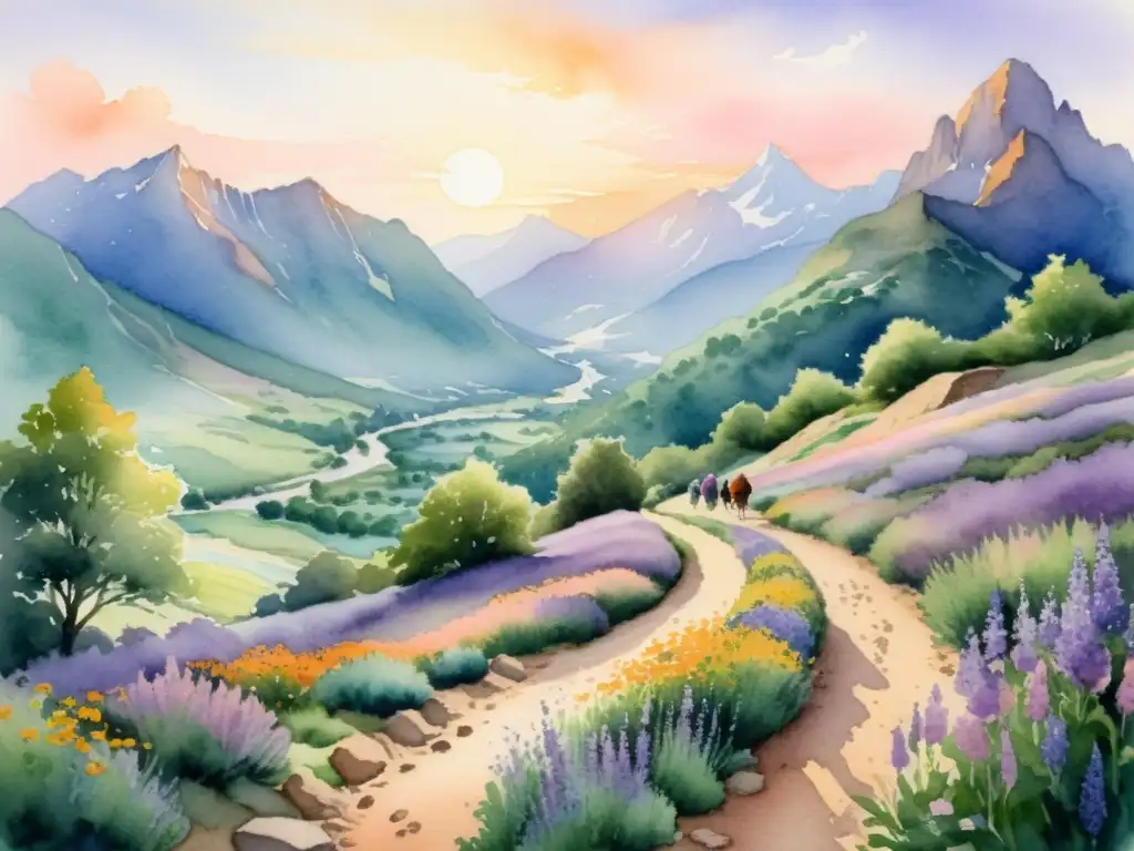 Sendero ancestral hacia la montaña sagrada: pintura acuarela Un sendero de peregrinación antiguo serpentea hacia la cima de una montaña majestuosa, con peregrinos en coloridos ropajes