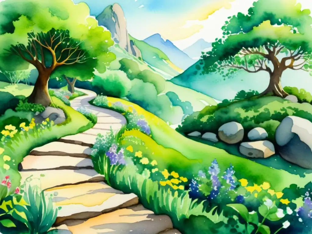 Camino espiritual: Acuarela de desafíos y esperanza Un sendero espiritual serpenteante entre exuberante vegetación, con obstáculos simbolizando desafíos