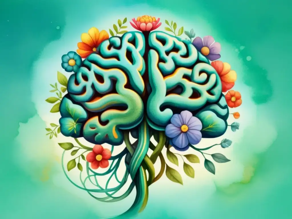 Ilustración serena: Mente y flores entrelazadas en acuarela Una ilustración serena en acuarela de un cerebro con redes interconectadas y flores vibrantes enredadas, representando los beneficios científicos del mindfulness en la respuesta biológica del cerebro