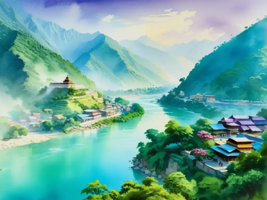 Una serena acuarela del exuberante paisaje de Rishikesh, India, con el río Ganges fluyendo suavemente y los majestuosos Himalayas de fondo