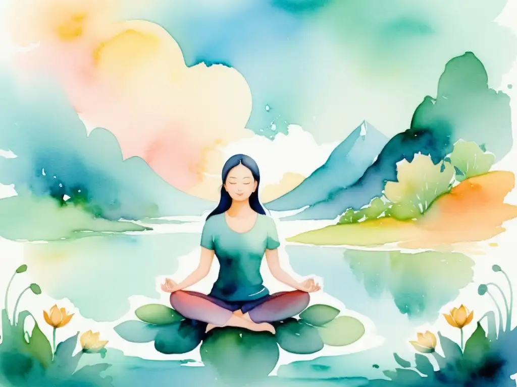 Ilustración serena en acuarela de una figura en posición de loto, rodeada de un paisaje etéreo y tranquilo