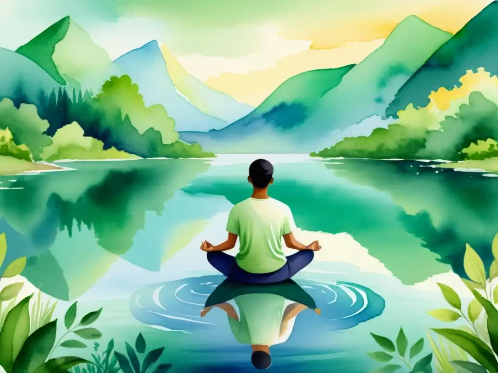 Líder en meditación: serenidad y calma en la naturaleza Una ilustración serena en acuarela de un líder en postura meditativa, rodeado de un paisaje tranquilo
