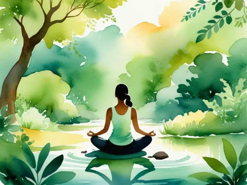 Meditación en la naturaleza: integrando el ayuno intermitente Una ilustración serena en acuarela de meditación en la naturaleza, transmitiendo calma y conexión espiritual con la práctica del ayuno intermitente