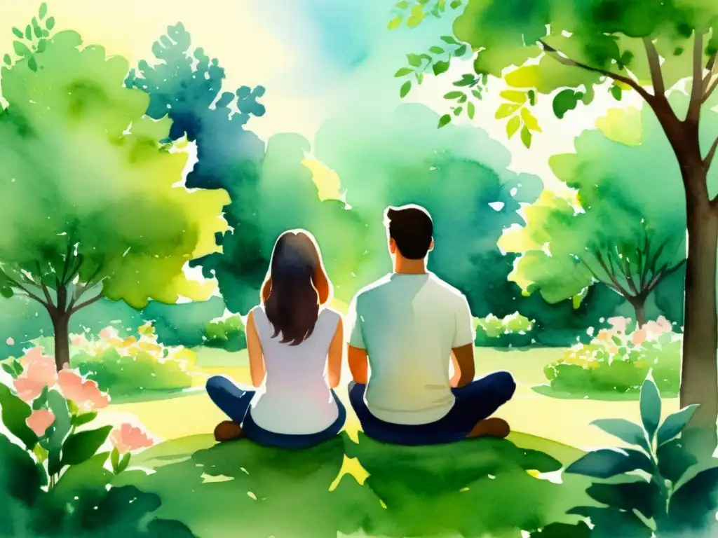 Una ilustración serena en acuarela de una pareja en un jardín tranquilo y exuberante, rodeada de flores y árboles altos