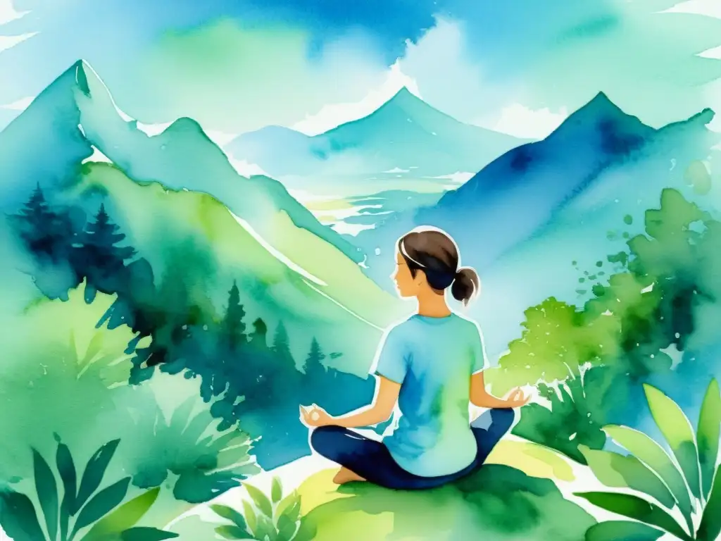 Meditación en la cima: serenidad entre la naturaleza Una ilustración serena en acuarela de una persona meditando en la cima de una montaña, rodeada de exuberante vegetación y un cielo azul tranquilo