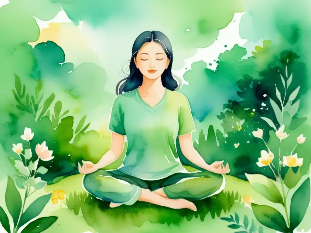 Meditación en la naturaleza: serenidad y armonía Una ilustración serena en acuarela de una persona meditando en medio de exuberante vegetación y flores