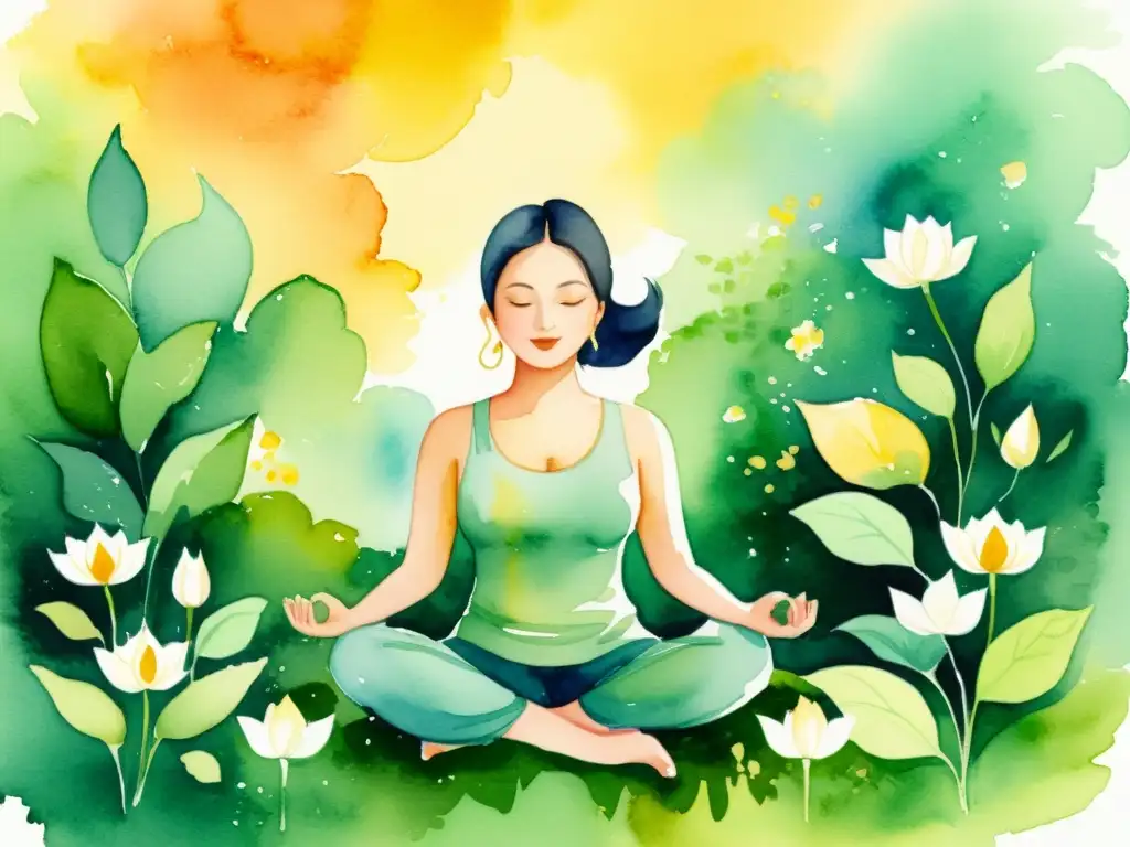 Una ilustración serena en acuarela de una persona en posición de loto, rodeada de exuberante vegetación y flores en flor