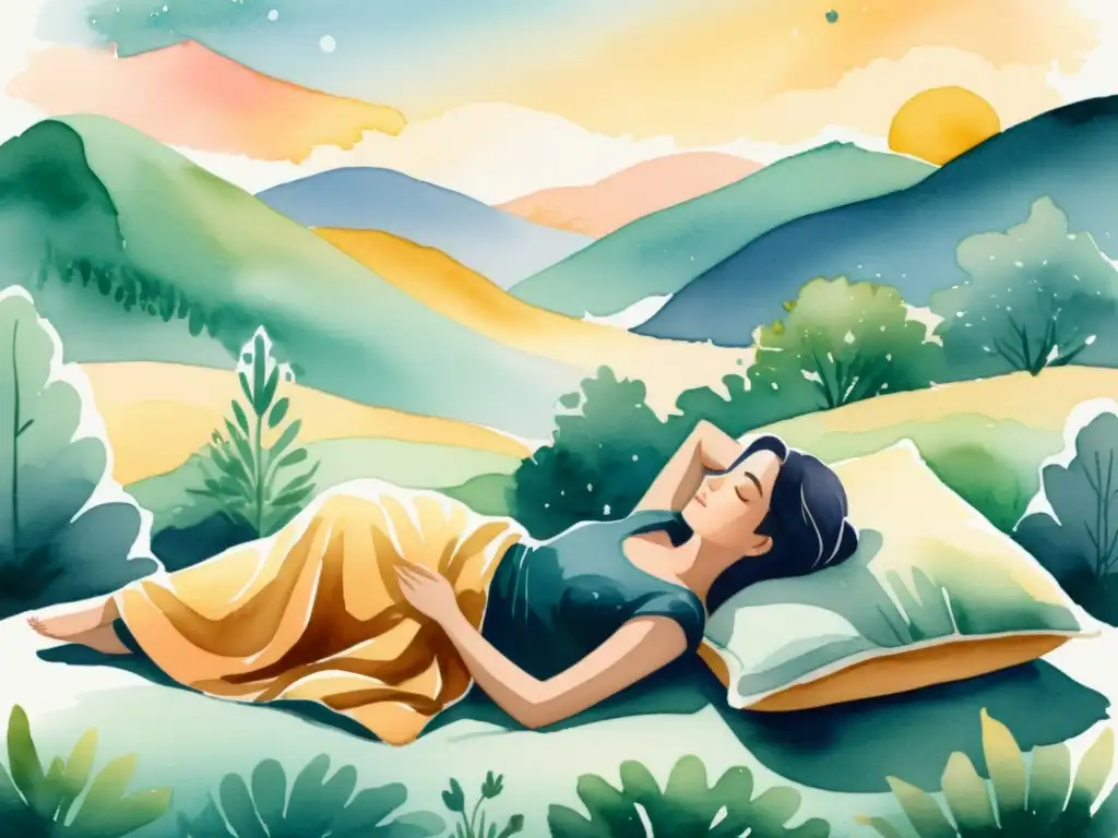 Una ilustración serena en acuarela de una persona en postura de meditación, rodeada de suaves almohadas y mantas en tonos pasteles