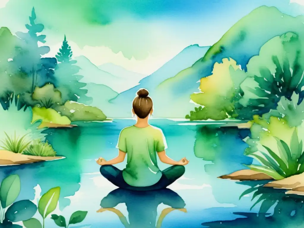 Meditación en la naturaleza: ilustración serena Una ilustración serena en acuarela de una persona en postura de loto, rodeada de exuberante vegetación y agua