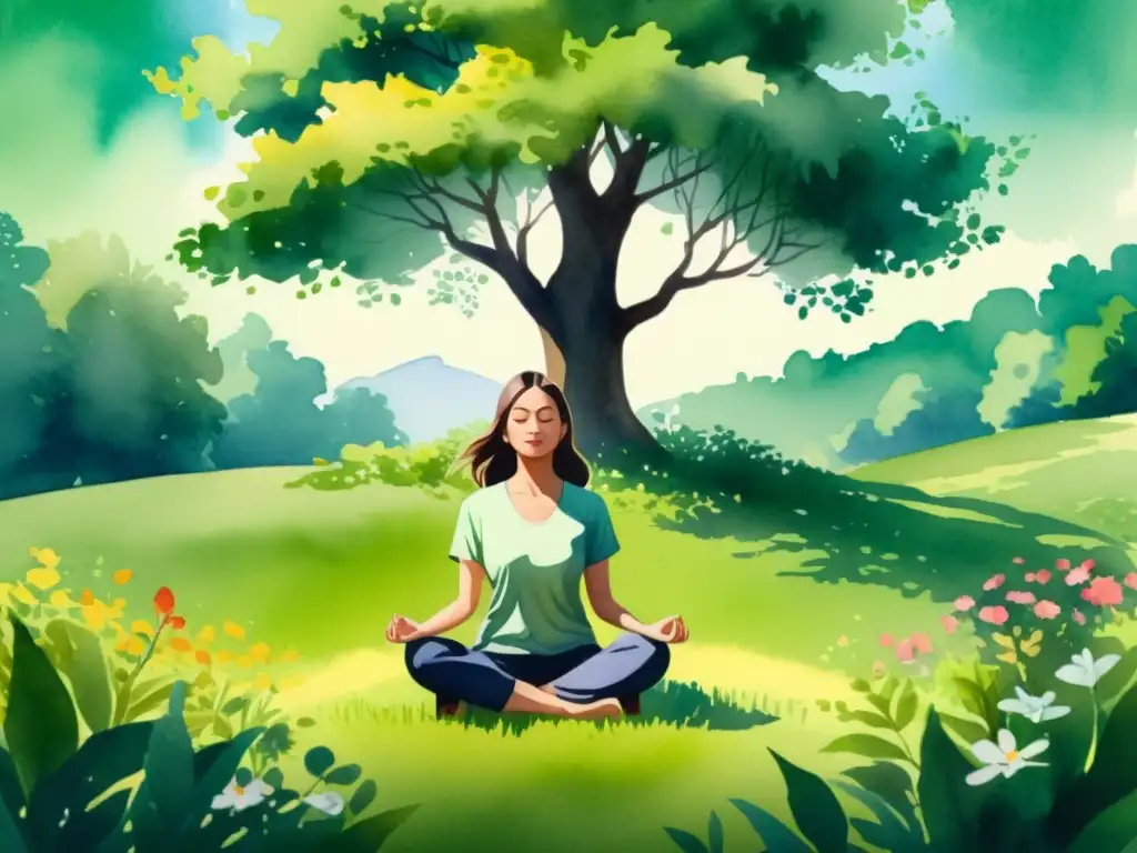 Mediante meditación, encuentra paz en el prado Una ilustración serena en acuarela de una persona meditando en un prado verde exuberante rodeado de flores vibrantes y altos árboles