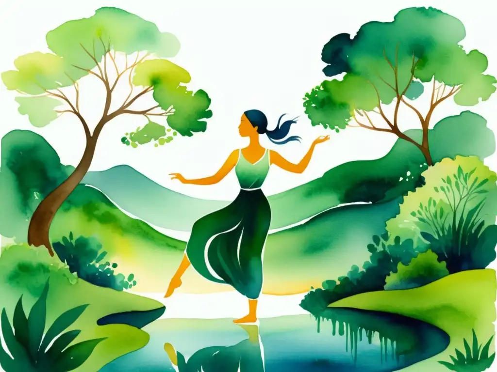 Baile sereno en la naturaleza Una ilustración serena en acuarela de una persona bailando en introspección, rodeada de exuberante naturaleza y arroyos