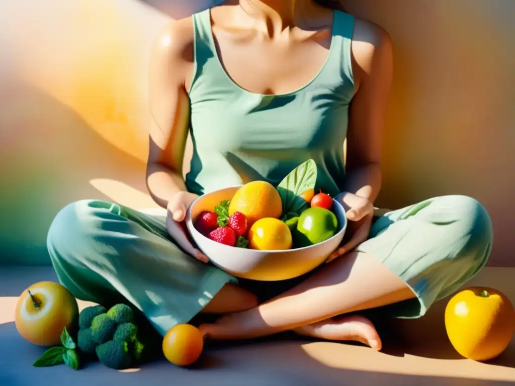 Armonía con la Naturaleza: Alimentación Saludable y Paz Interior Una ilustración serena en acuarela de una persona sentada en pose de loto, rodeada de frutas y verduras vibrantes
