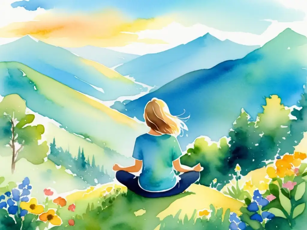 Meditación en la cima: ilustración serena Una ilustración serena en acuarela de una persona sentada en la cima de una montaña, rodeada de naturaleza exuberante y flores silvestres
