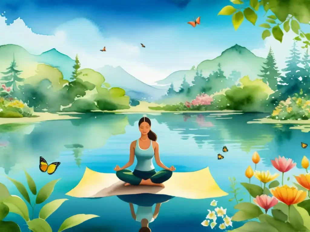 Retiro espiritual: Yoga y meditación en la naturaleza Una ilustración serena en acuarela que muestra un retiro pacífico con yoga y meditación