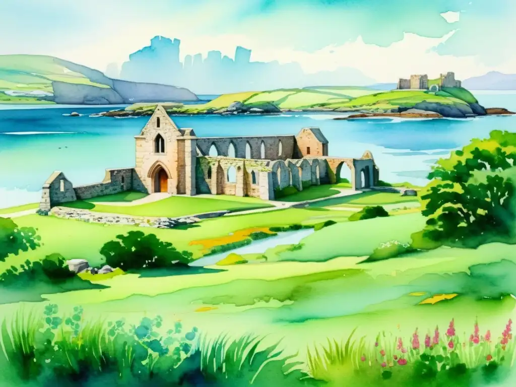 Acuarela serena: Ruinas de la Abadía de Iona en Isle of Iona Una serena acuarela de las ruinas históricas de la Abadía de Iona en la Isla de Iona, rodeada de exuberante vegetación y con vistas a las tranquilas aguas del Sonido de Iona