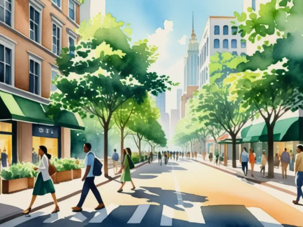 Tranquila calle de la ciudad: ilustración acuarela Una ilustración serena de una bulliciosa calle de la ciudad, con personas caminando tranquilamente entre altos edificios y exuberantes árboles verdes