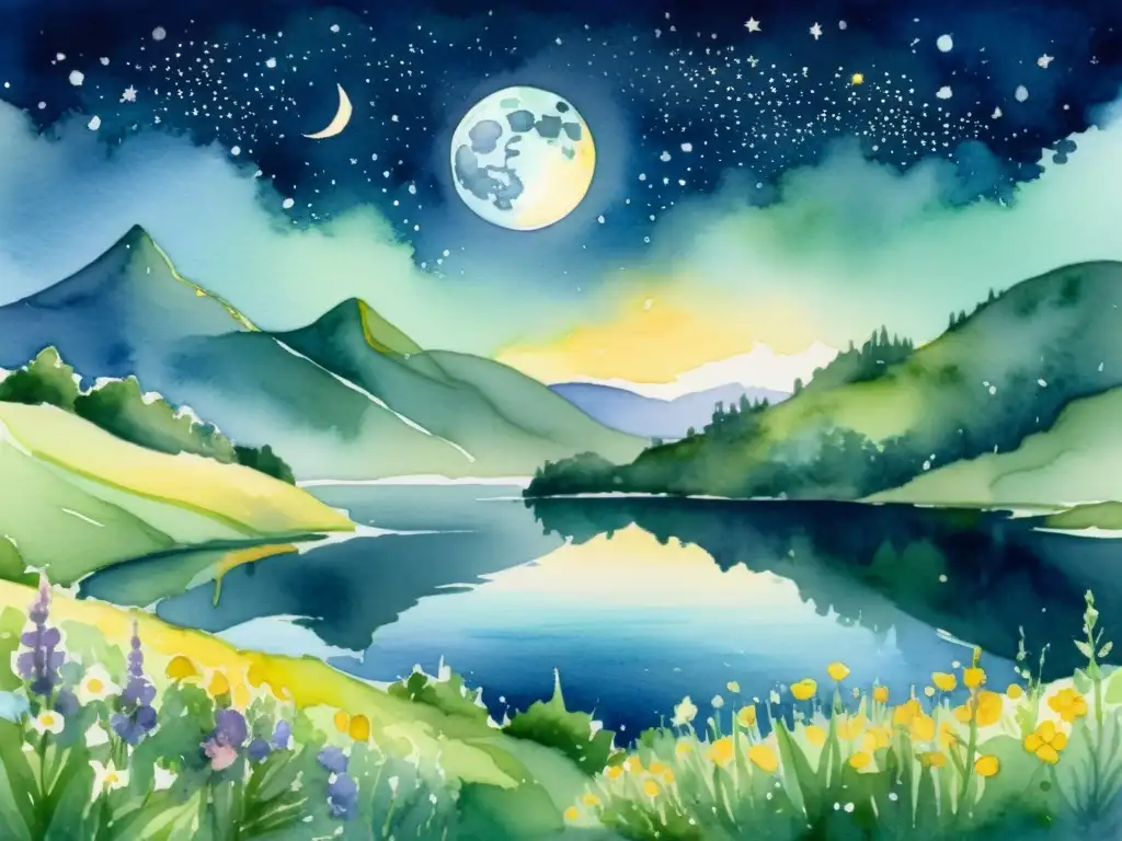 Paisaje nocturno de la Luna Nueva: serenidad y belleza mística Una serena escena nocturna con un paisaje iluminado por la luna nueva, ideal para Rituales de Luna Nueva para Intenciones Poderosas