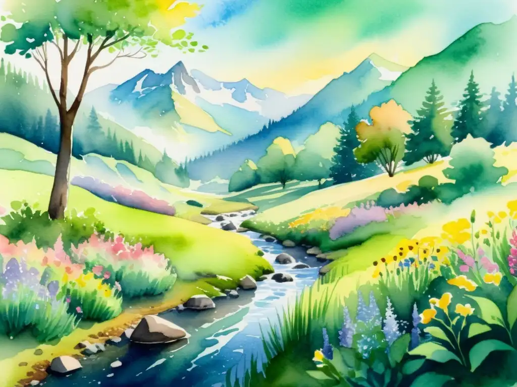 Escena de bosque tranquilo en acuarela Una ilustración acuarela serena de un escenario forestal tranquilo, con luz solar filtrándose entre las hojas y creando sombras moteadas en el suelo