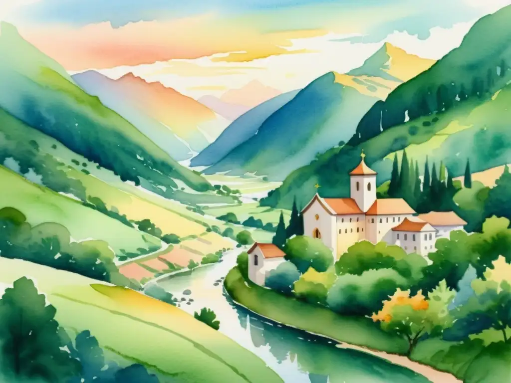 Monasterio en el Valle: Acuarela serena Una ilustración serena de un monasterio en un valle montañoso, rodeado de naturaleza