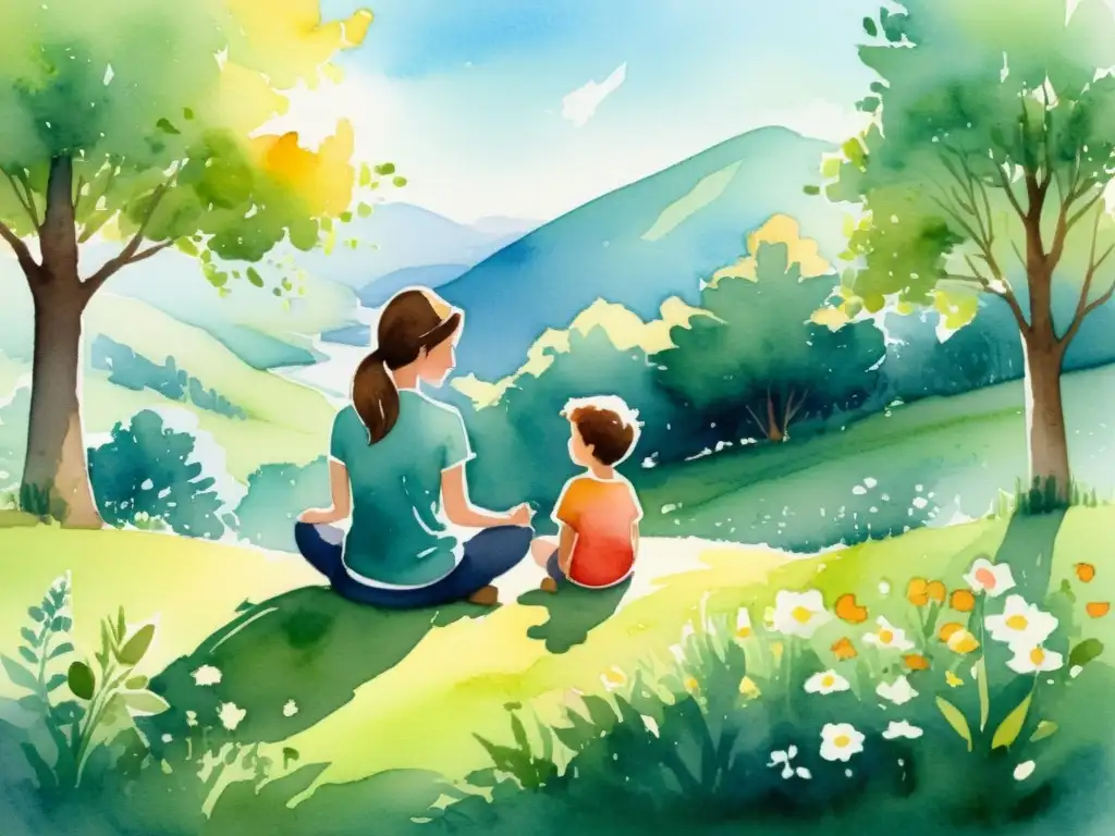Serena meditación en la naturaleza: padres e hijos Una ilustración serena muestra a un padre y un niño meditando en la naturaleza, conectados con la calma y la curiosidad