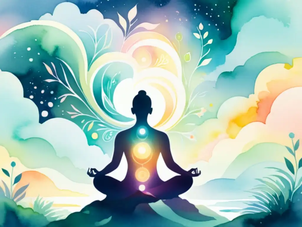 Meditación cuántica: armonía cósmica en acuarela Ilustración serena de meditación en paisaje etéreo, con energía vibrante y aplicación práctica de física cuántica
