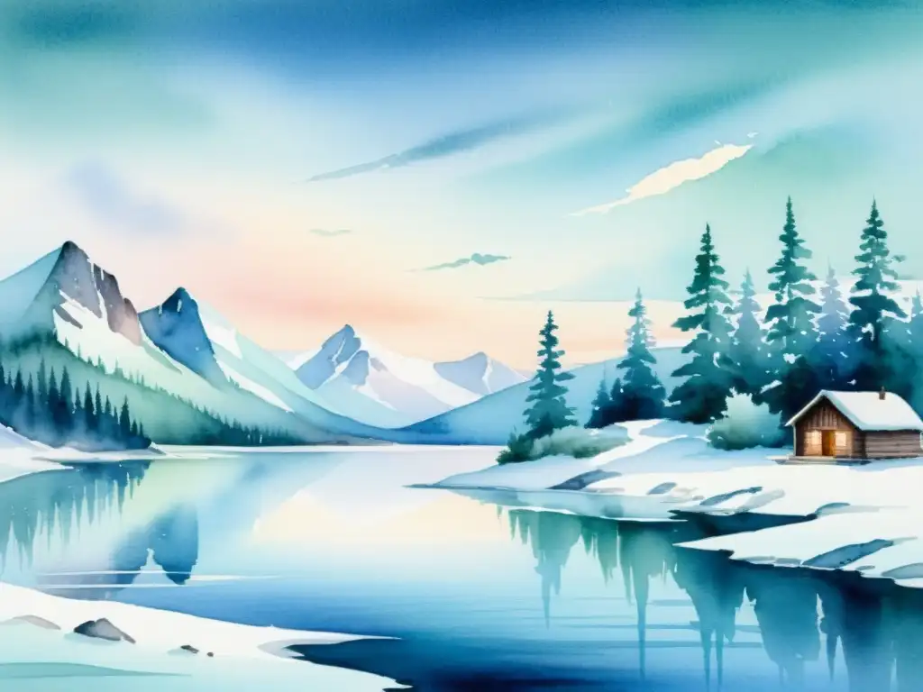 Pintura acuarela serena del Ártico nevado, con cabaña entre pinos Una serena pintura acuarela de un apacible paisaje ártico nevado, con una acogedora cabaña entre altos pinos