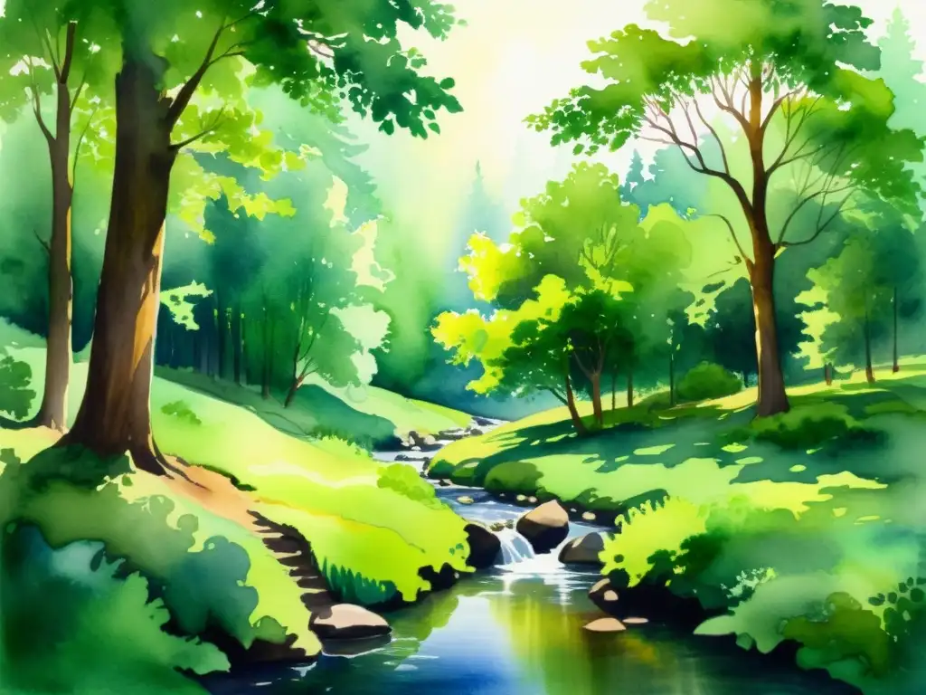 Una serena pintura acuarela de un claro tranquilo en el bosque, con luz solar filtrándose a través de frondosas hojas verdes