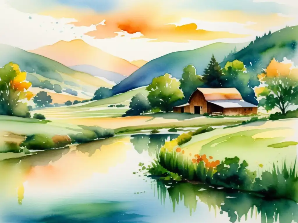 Una serena pintura acuarela muestra una escena rural tranquila al atardecer con una granja orgánica entre colinas, un estanque y una atmósfera idílica