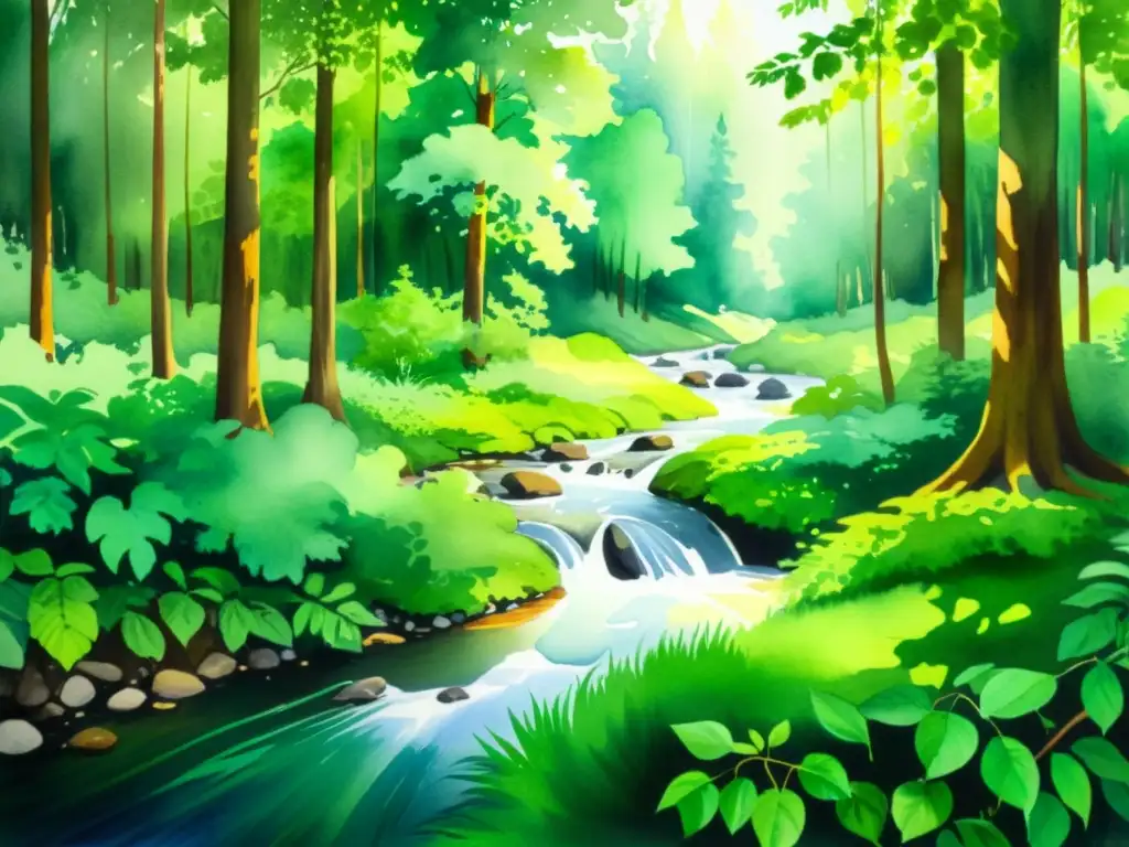 Cuadro acuarela: Bosque verde sereno con arroyo Una serena pintura acuarela de un exuberante bosque verde con un arroyo tranquilo