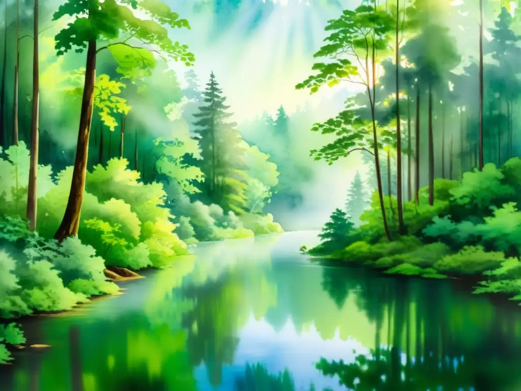 Bosque sereno: acuarela de naturaleza exuberante Una serena pintura acuarela de un exuberante bosque tranquilo con un río serpenteante y una suave niebla en el aire