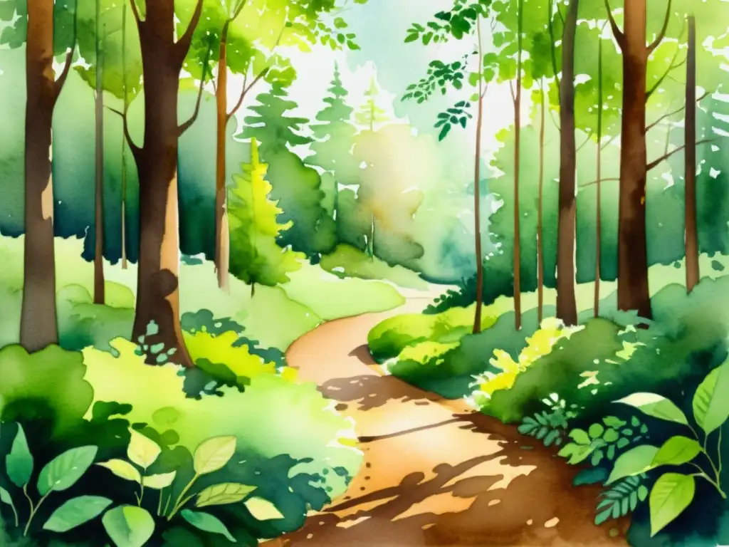 Retiro de manejo del estrés: bosque tranquilo en acuarela Una serena pintura acuarela de un exuberante bosque tranquilo con luz solar filtrándose a través de las hojas