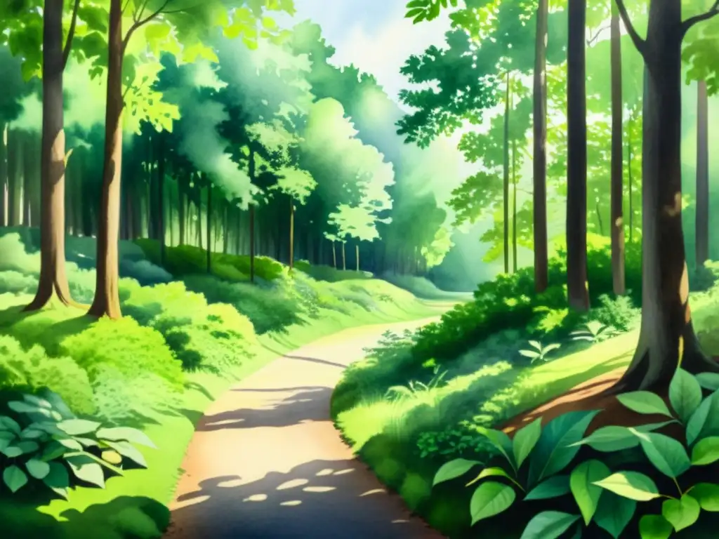 Bosque verde sereno: camino de autorreflexión Una serena pintura acuarela de un exuberante bosque verde con un sendero serpenteante