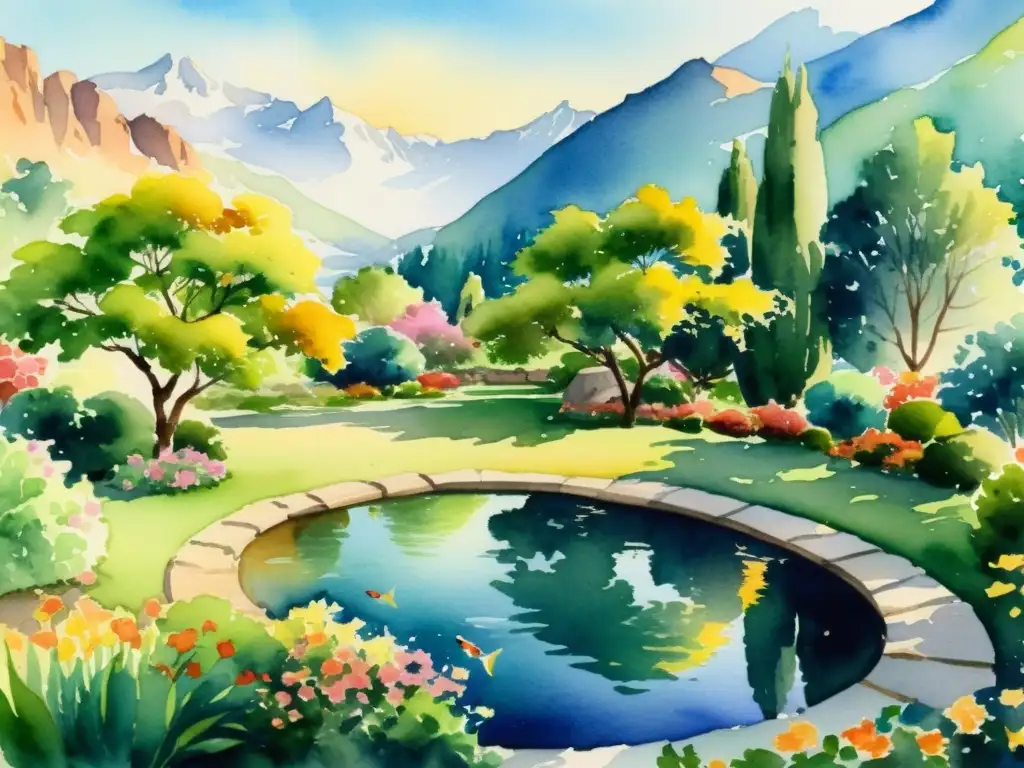 Jardín Persa: Acuarela Serena y Tranquila Una serena pintura acuarela de un jardín persa, con exuberante vegetación, flores coloridas y un estanque tranquilo con peces koi