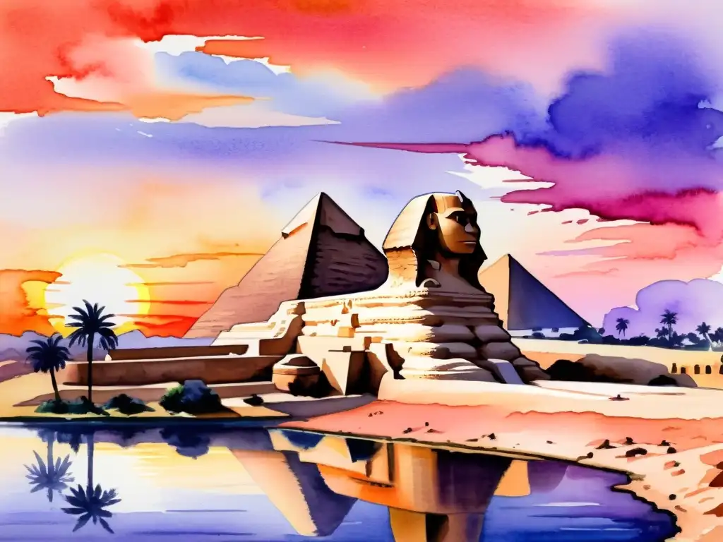 Pintura acuarela del Gran Esfinge de Giza al atardecer Serena pintura acuarela del Gran Esfinge de Giza al atardecer, con tonos naranjas, rosas y morados iluminando el cielo