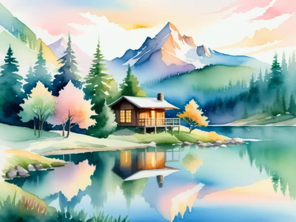 Retiro de montaña sereno: meditación y contemplación Serena ilustración acuarela de retiro espiritual en la montaña, con lago tranquilo y atardecer pastel