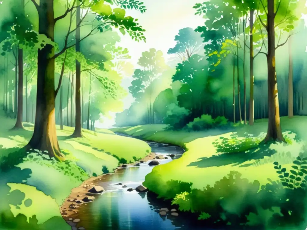 Serena pintura acuarela del bosque: tranquilidad y rejuvenación Un sereno bosque en acuarela con luz filtrándose entre el dosel verde
