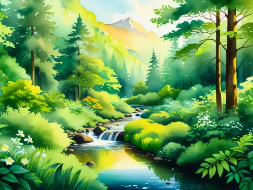 Bosque sereno en acuarela 8k: naturaleza exuberante y apacible Un sereno bosque exuberante y un arroyo, en una detallada acuarela 8k