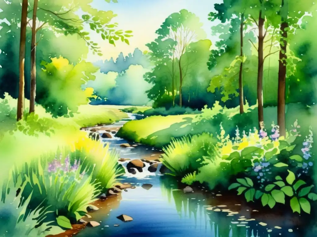 Un sereno claro de un bosque en acuarela, con luz filtrándose entre las hojas y creando un ambiente cálido y tranquilo