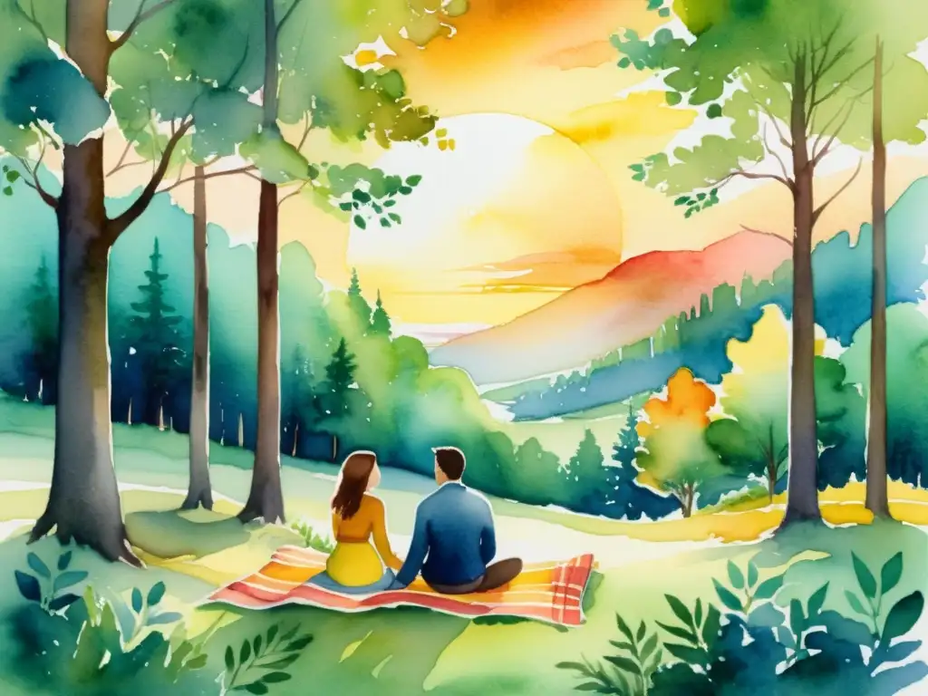 Atardecer dorado en el bosque: pareja conectada en armonía Un sereno cuadro acuarela de un claro boscoso al atardecer