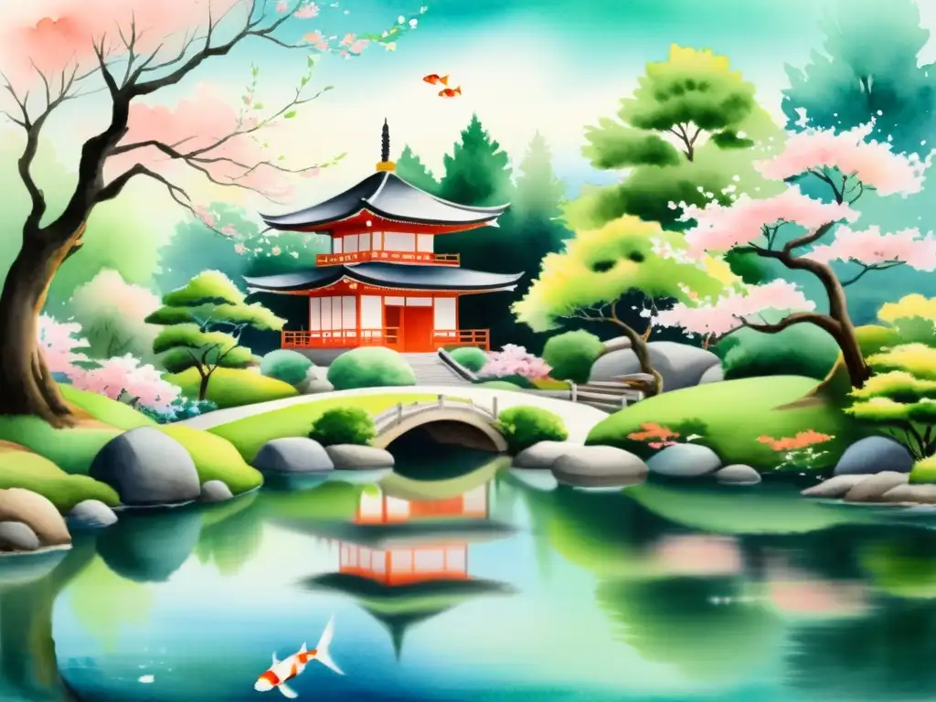 Acuarela serena: Jardín Zen, koi y pagoda Un sereno jardín Zen con un estanque de peces koi, una pagoda japonesa y árboles de cerezo en tonos pastel